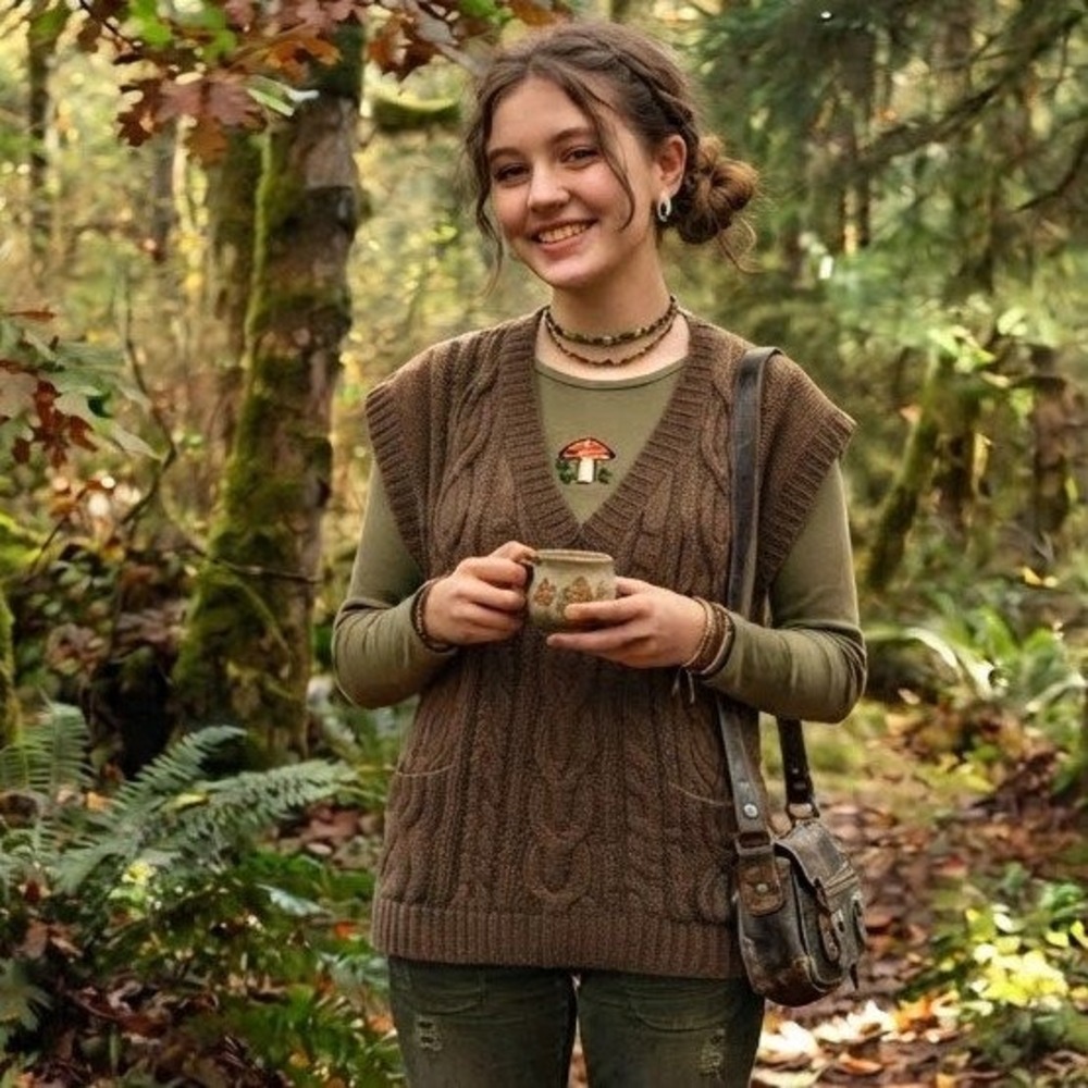 Reitmans Cable Knit Sweater Vest Womens L Brown V-Neck Wool Blend Earthy Forest